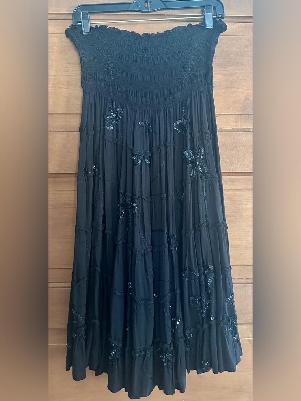 Strapless Black Smocked Maxi Strpless Dress with Sequin Detail!  Sz L skirt too!